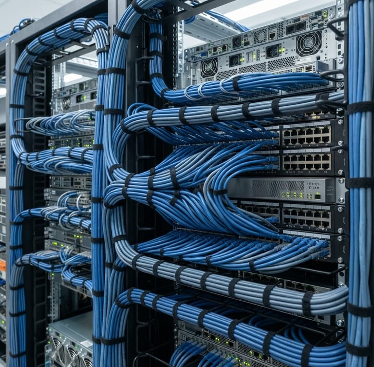 Close-up of meticulously organized structured cabling in a server rack, crisp commercial photography, cool blue tones, sharp focus, bright functional lighting.