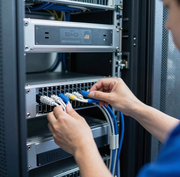 Portrait shot of a JM Solutions Inc. technician meticulously organizing structured cabling within a server rack, crisp, cool-toned functional lighting, close-up of hands, sharp focus.