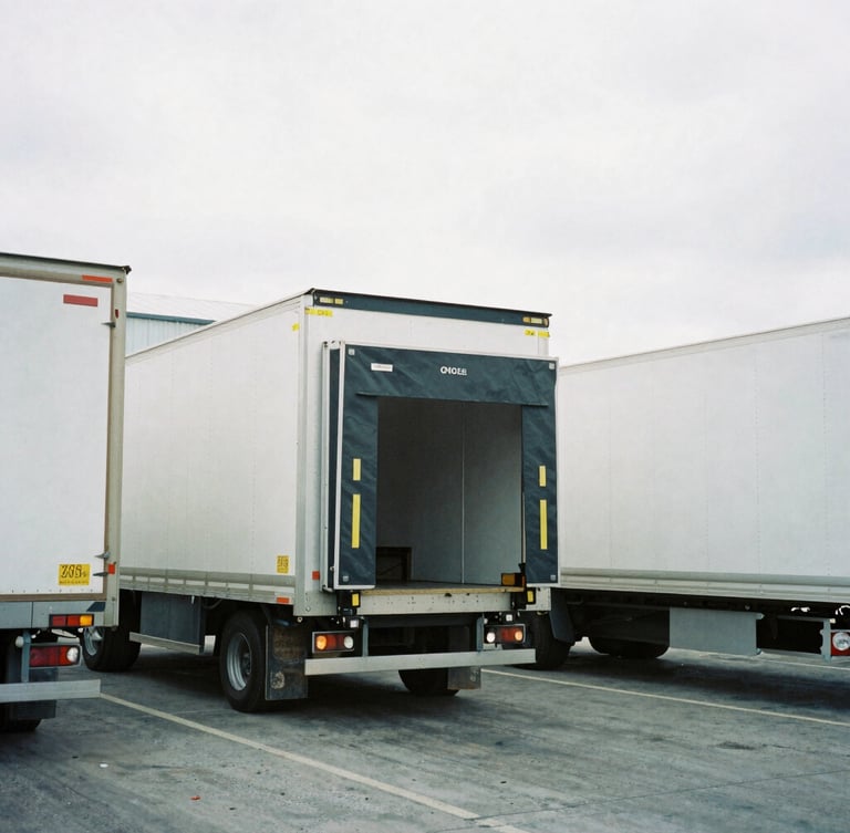 Medium shot of an active industrial loading dock in overcast daylight, clean cargo trailers being loaded, cool desaturated tones, 35mm film
