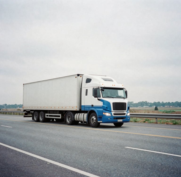 Wide-angle environmental shot of a clean blue-and-white semi-truck traveling on a regional highway under overcast morning light, 35mm film style