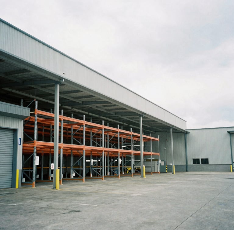Industrial warehouse interior with high-bay racking and active loading docks under cool overcast daylight, wide-angle environmental framing.