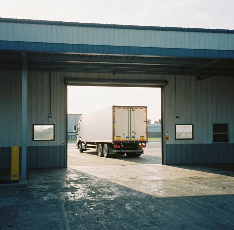 Active loading dock interior with high-bay racking, crisp morning light streaming through open dock doors, semi-truck backed up to the bay, 35mm film style