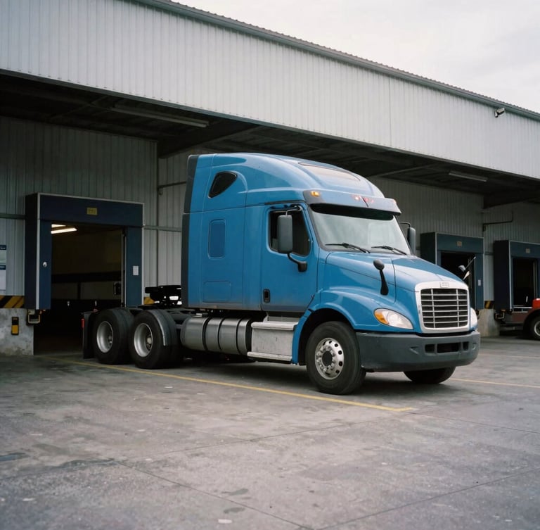 A tight crop of a clean blue semi-truck at an active warehouse loading dock in overcast morning light, industrial documentary style.