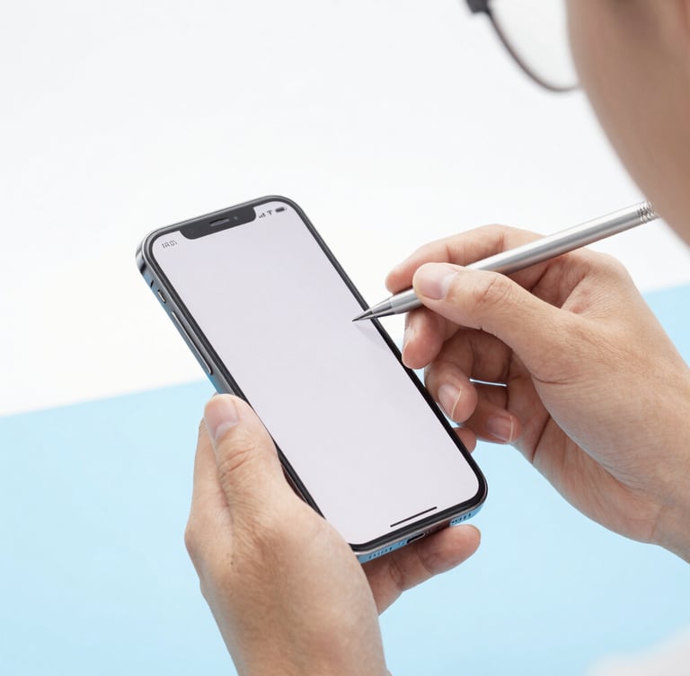 Close-up of a technician's hands inspecting a clean smartphone under bright studio light, white and pale blue background, high-key photography