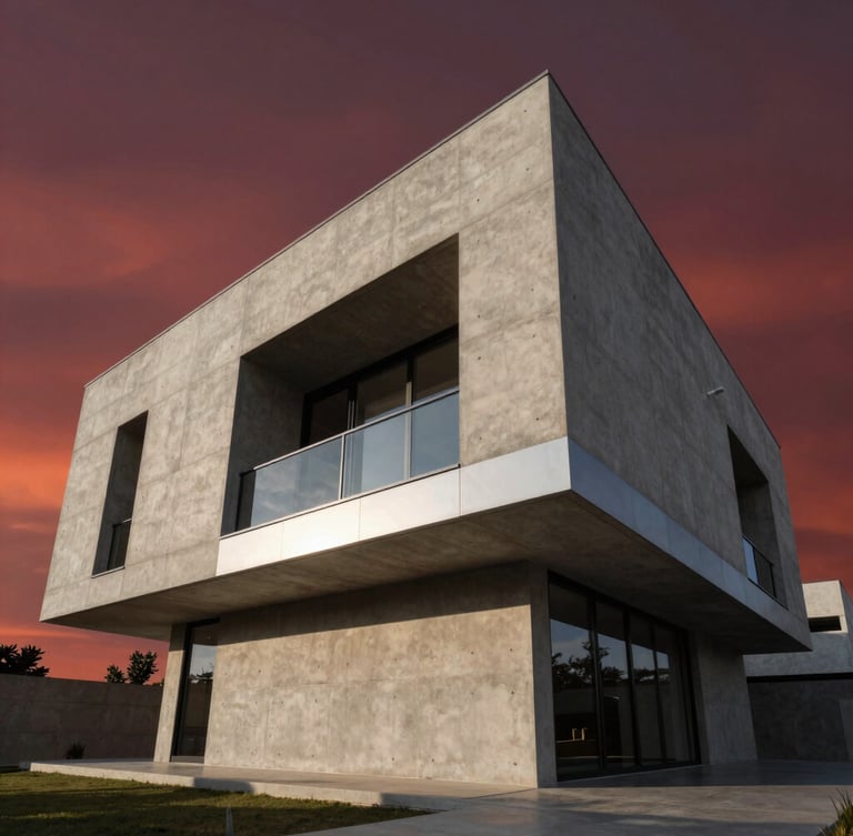 Low-angle heroic perspective of a massive minimalist concrete and glass villa in Abuja at dusk, deep crimson twilight sky, sharp geometric shadows, polished steel accents.