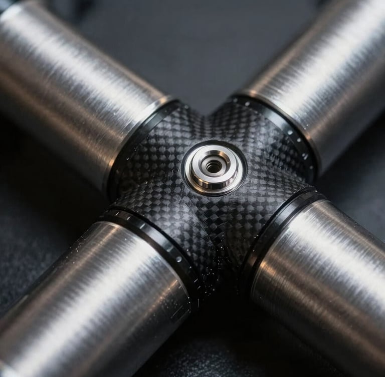Extreme close-up of premium brushed steel and dark carbon composite joints, high contrast, dramatic lighting, sharp architectural detail.