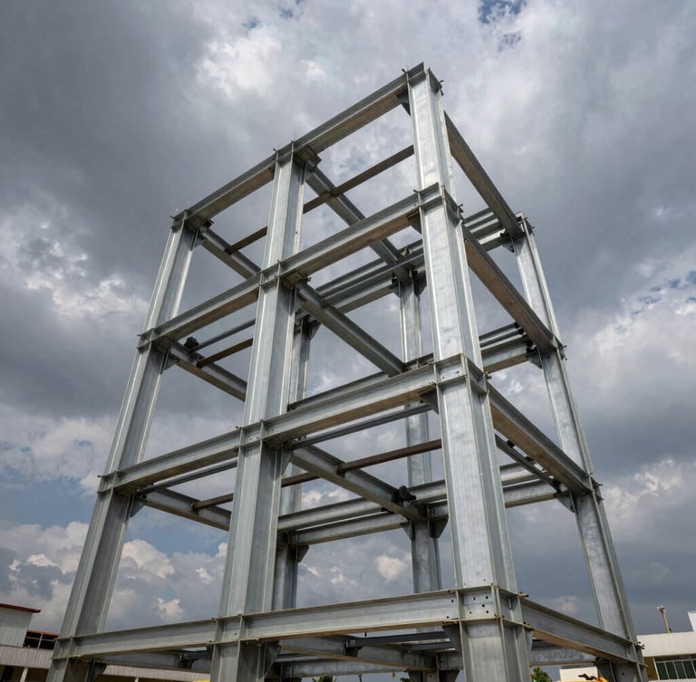 Low-angle heroic shot of massive steel modular frames being assembled under a dramatic steel-grey sky in Abuja, sharp contrast, architectural precision.