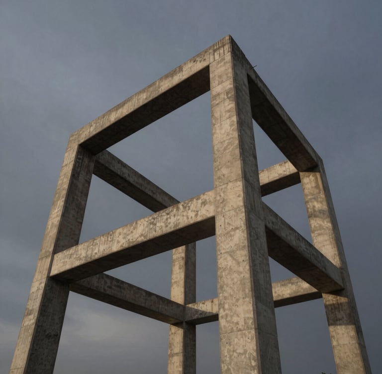 Low-angle architectural perspective of a massive concrete and steel structural frame in Abuja under a dramatic steel-grey dusk sky, high-contrast shadows emphasizing structural form.