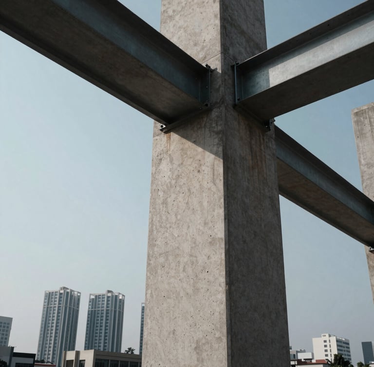 Low-angle heroic perspective of a massive raw concrete column meeting a steel beam, high-contrast shadows, sharp architectural lines, Abuja skyline in a cool steel-grey tone in the background.