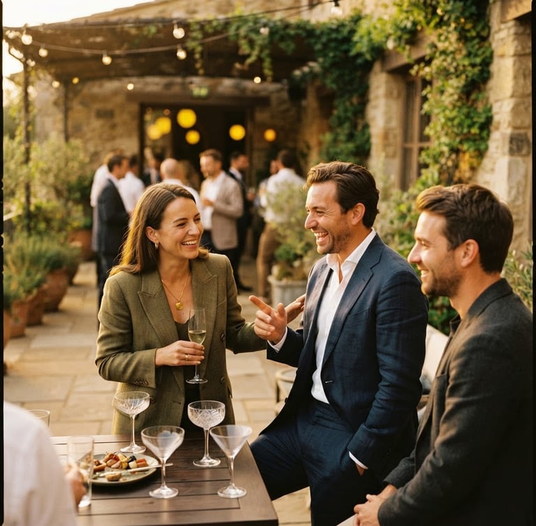 Cinematic warm-toned editorial photograph of well-dressed professionals laughing and socializing in the sunlit outdoor patio of SV Lounge, golden-hour daylight, shallow depth of field, 35mm film