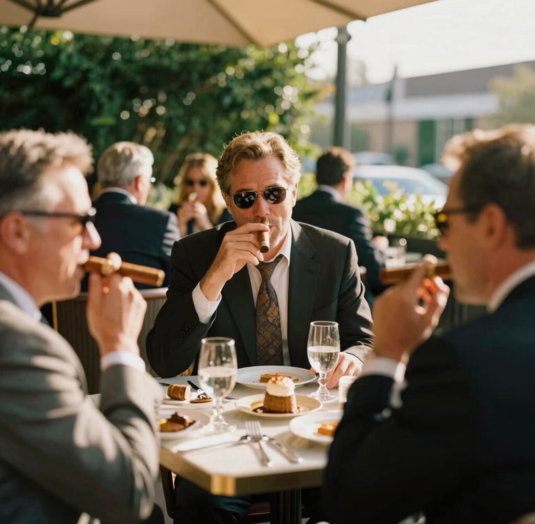 Well-dressed guests enjoying premium cigars in an upscale outdoor lounge, warm afternoon sun, shallow depth of field, 35mm film