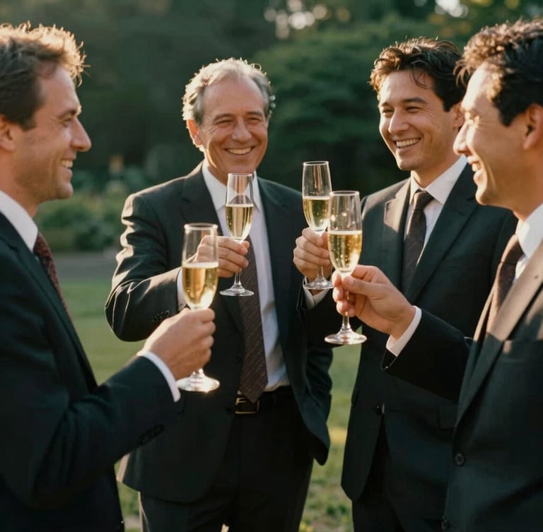 Candid medium shot of sophisticated professionals laughing and raising champagne glasses, warm golden-hour daylight, rich deep green and gold tones, 35mm film
