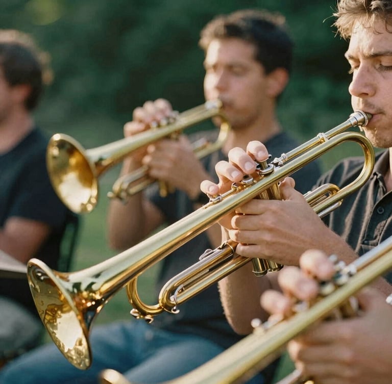 Medium close-up of a live jazz band playing brass instruments in soft natural daylight, warm golden tones, shallow depth of field.
