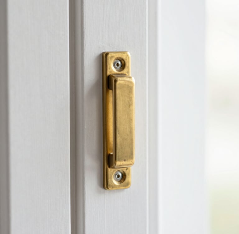 Macro top-down shot of a clean brass window latch on a pristine white frame, bright neutral daylight, high depth of field