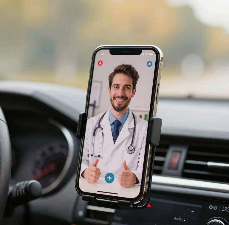 A close-up of a smartphone mounted on a car dashboard showing a friendly doctor on a video call, warm interior car daylight, shallow depth of field.