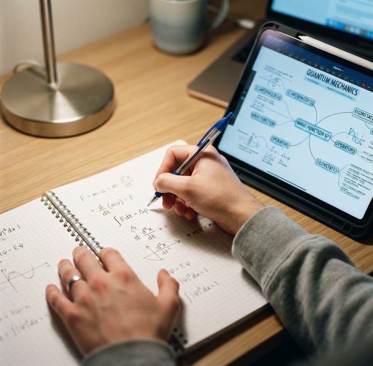 Close-up of a student's hands writing a physics derivation in a clean notebook under soft desk-lamp light, a tablet showing a structured mind map nearby, 35mm photograph