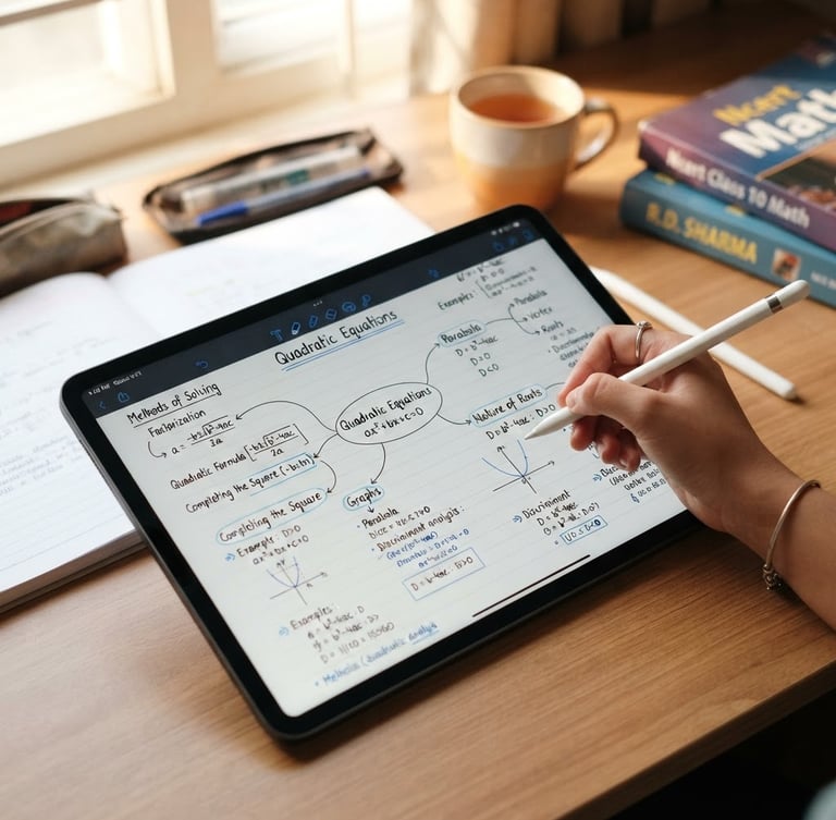 A close-up shot of a Class 10 student's desk under warm light, focusing on a tablet displaying structured mathematics mind maps and clean handwritten notes, 35mm, shallow depth of field