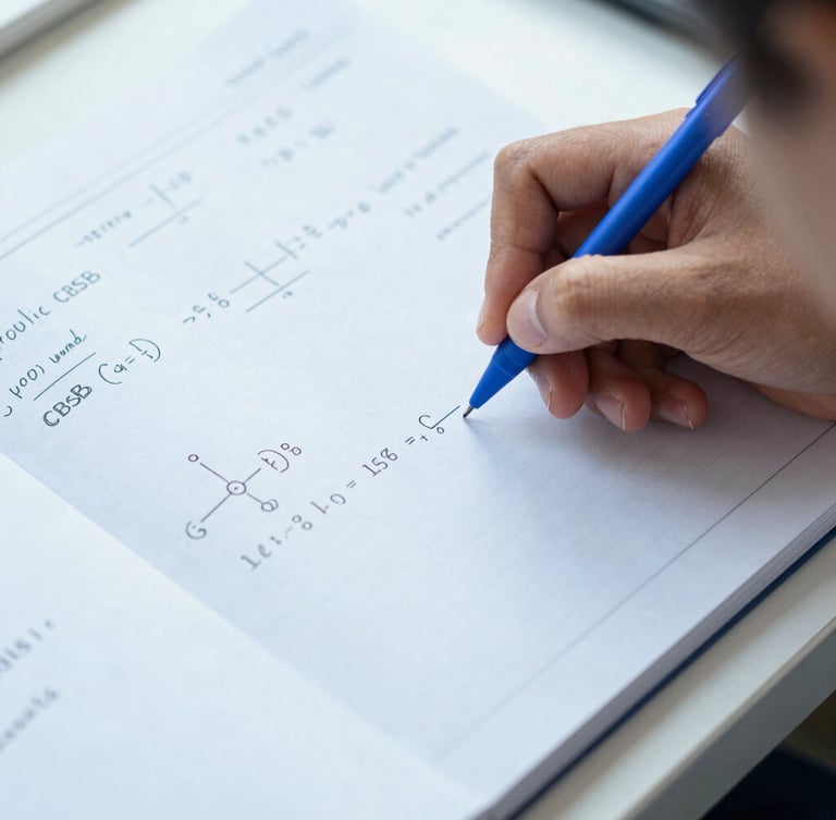 Close-up of a student writing in a clean notebook under soft desk light, blue pen, organized CBSE physics formulas visible on the page.