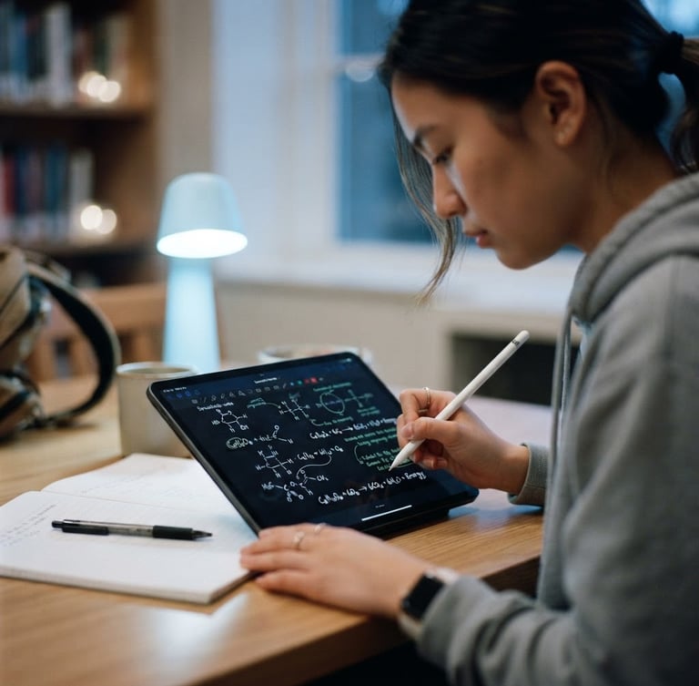 Close-up shot of a high school student using a tablet with structured chemistry notes visible, soft blue desk light, shallow depth of field, 35mm