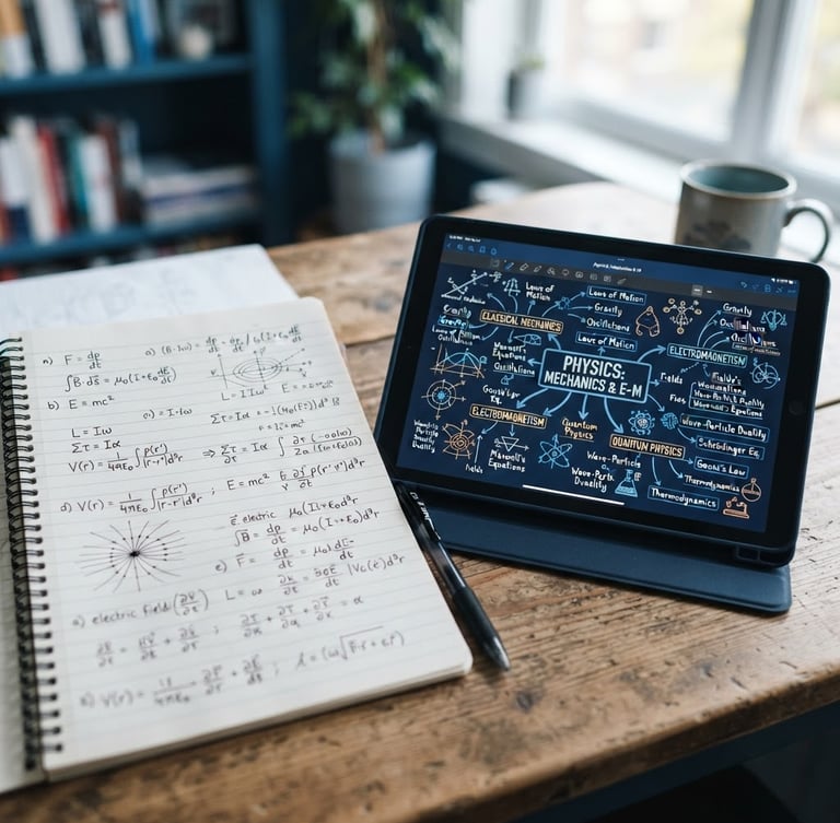 A high-contrast, clean close-up of a student's notebook with hand-written physics derivations and a digital tablet showing a structured mind map, soft warm desk light, blue tones.