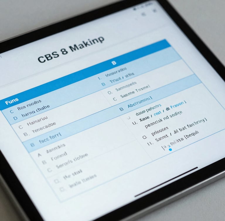 High-contrast close-up of a tablet screen displaying a detailed CBSE marking scheme and solved sample papers with blue highlights, 35mm photography