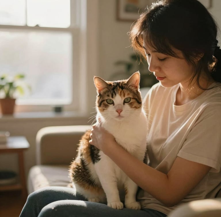 A volunteer gently cradling a calm calico cat in a cozy living room, soft golden hour light streaming through a window, warm domestic setting, 35mm editorial photography