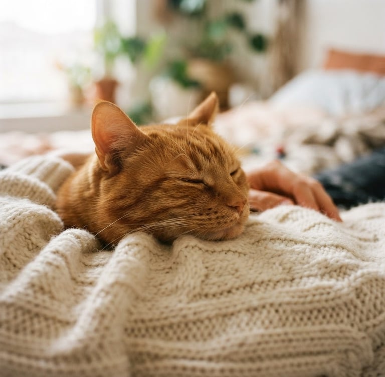 A close-up of a warm orange cat resting its chin on a soft cream knit sweater, soft natural window light, shallow depth of field, 35mm editorial photography.