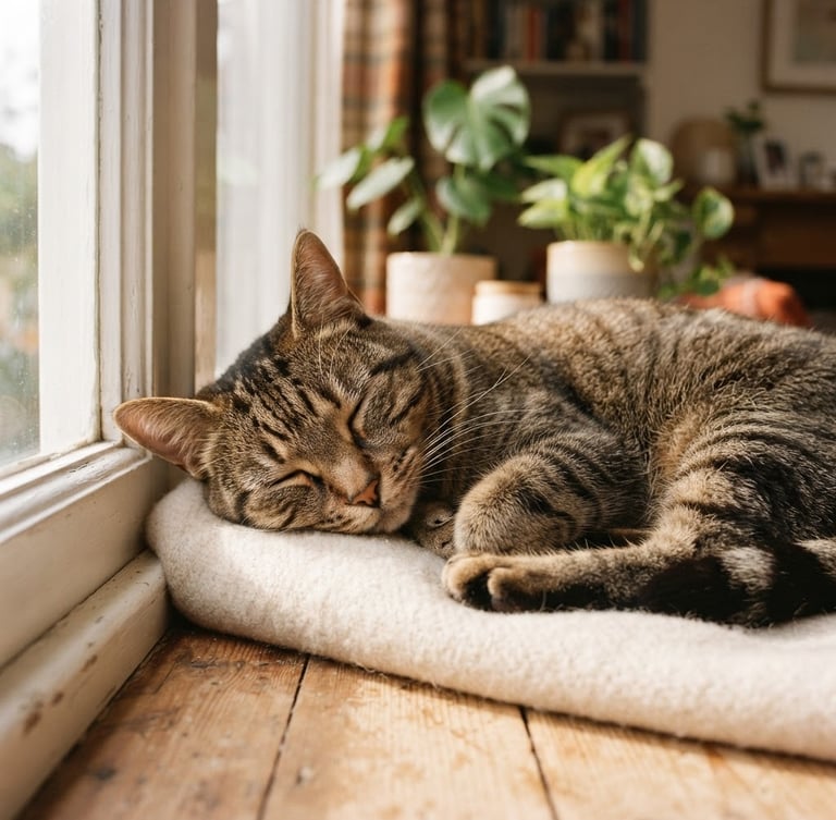 Eye-level close-up of a relaxed tabby cat lounging in a sunny window, soft natural light, warm domestic living room setting, shallow depth of field, 35mm photography