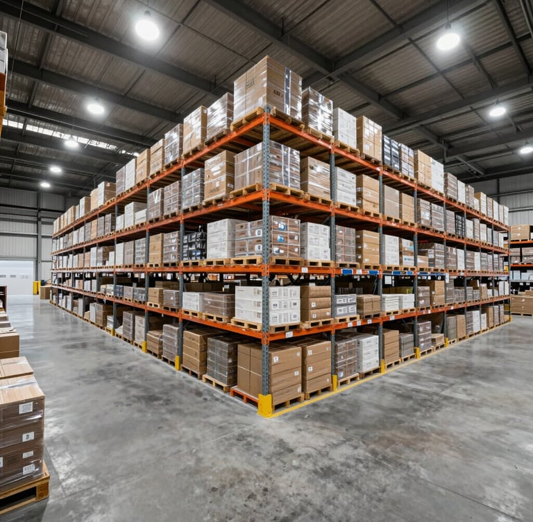 Wide-angle environmental shot of a massive, highly organized logistics warehouse interior, cool-toned bright industrial lighting, clean concrete floor, geometric rows of shelves.