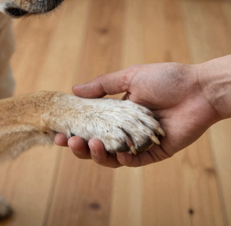 Soft natural daylight close-up of a human hand gently holding a dog's paw on a warm wooden floor, representing a deep emotional bond and legal care.
