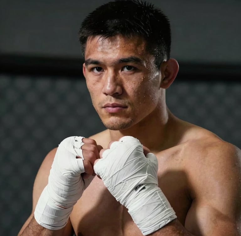 Cinematic side-lit portrait of an MMA fighter in deep focus, hands wrapped in white tape, dark atmospheric background, high-contrast shadows.