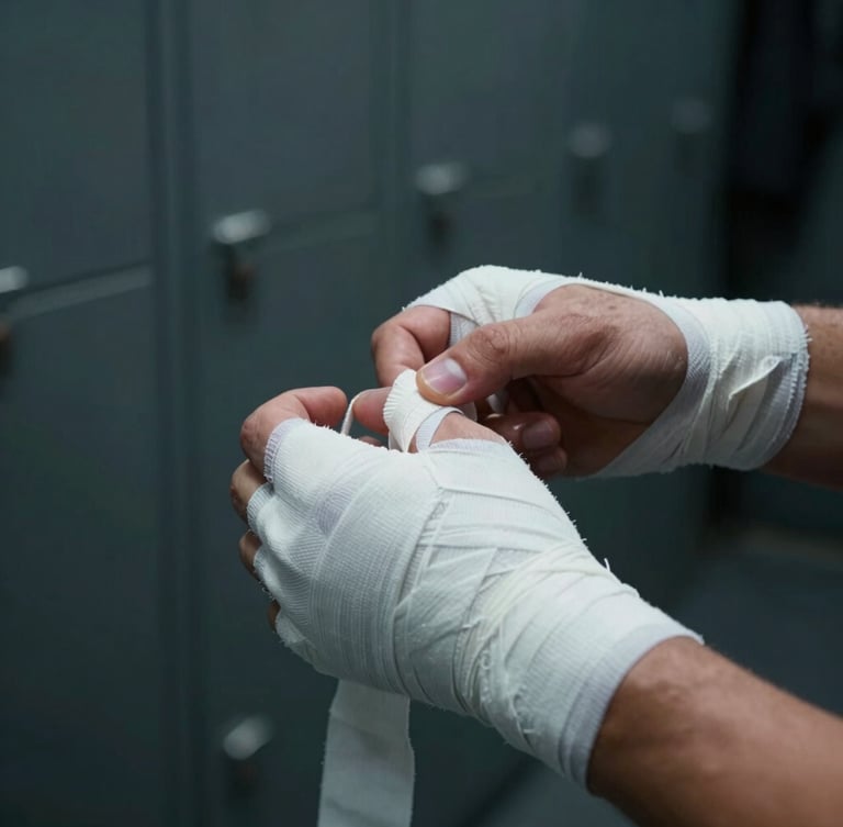 Extreme close-up of a fighter's hands being wrapped with white tape in a dimly lit locker room, cold side-lighting, focus on the texture of the fabric and skin, cinematic chiaroscuro.