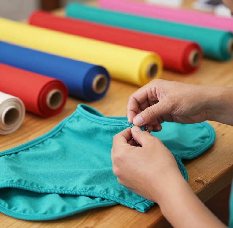 Close-up of artisan hands carefully stitching a vibrant teal pet garment on a wooden workshop table in Celaya, colorful fabric rolls in the background.