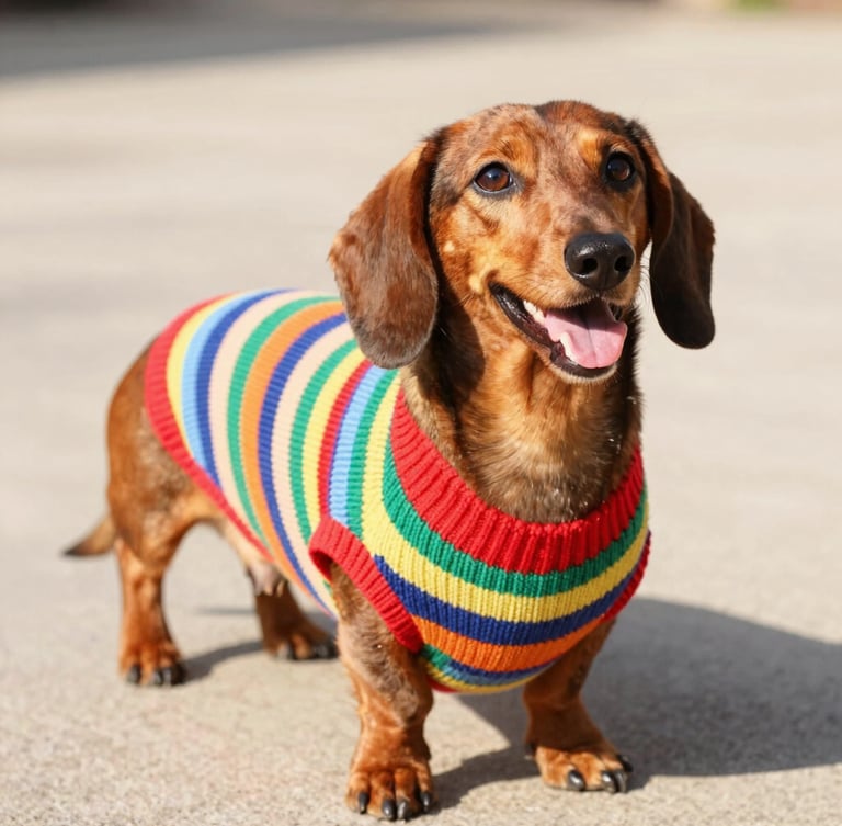 A happy long-bodied dachshund wearing a custom-fit colorful striped knitted sweater, eye-level shot, warm natural daylight, bright cheerful tones