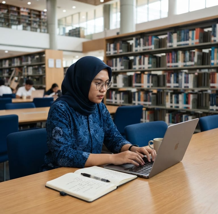 Bright modern Indonesian university library, a researcher focused on a laptop with book stacks in the soft-focus background, natural morning daylight, professional atmosphere, 35mm lens.