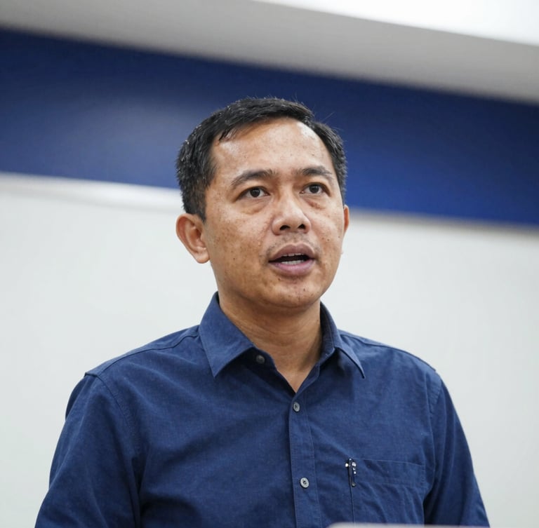 Medium close-up of a professional Indonesian lecturer speaking at an academic conference, bright soft indoor lighting, deep blue and white modern background, sharp focus, 35mm lens.