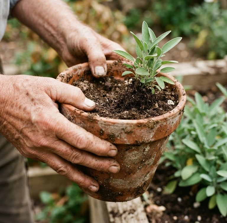 Close-up of weathered hands holding a soil-dusted terracotta pot, soft natural daylight, warm earthy tones, 35mm