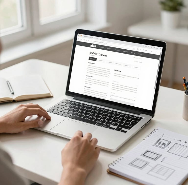 Clean editorial photo of a bright workspace, soft natural daylight, a laptop showing a clean website wireframe, hands sketching layout ideas on a notepad, 35mm