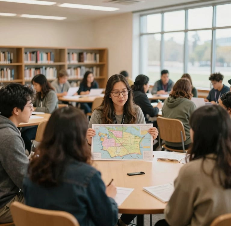 Candid environmental shot of a community wellness workshop in a brightly lit local library, diverse participants talking over a map of Washington state, soft diffused daylight.