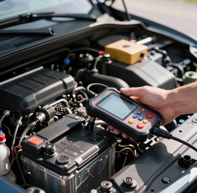Close-up of a clean engine bay under bright daylight, a professional technician's hand connecting a modern digital diagnostic tester to a heavy-duty car battery.