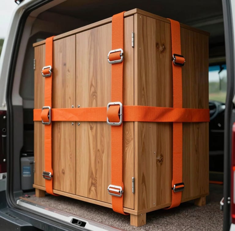 Close-up of heavy-duty orange tension straps securing a wooden wardrobe inside a carpeted truck, soft overcast light reflecting off metal buckles.