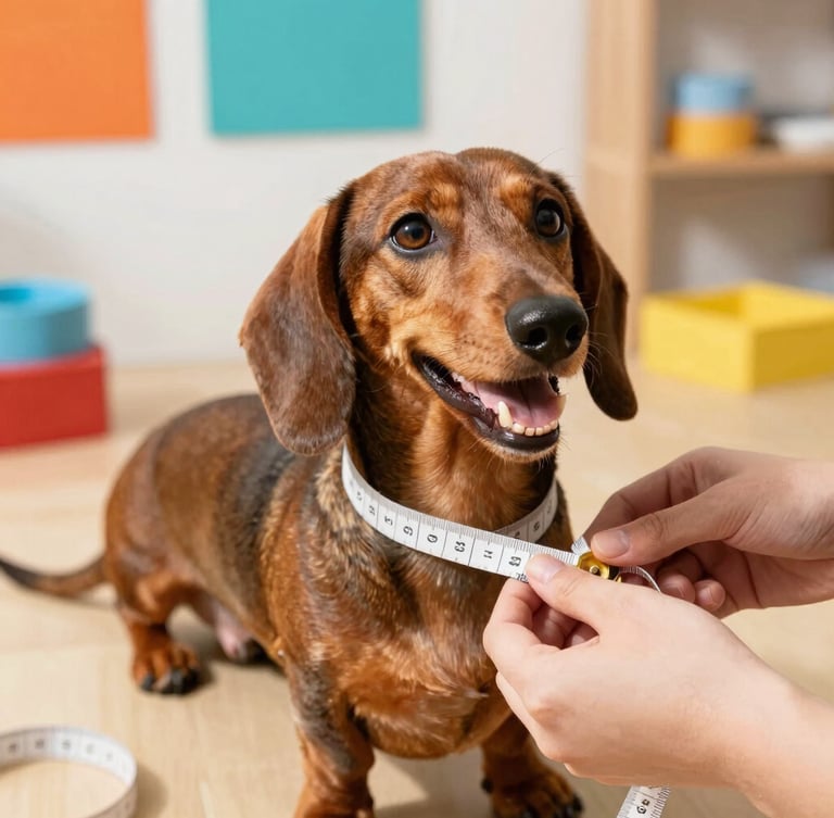 Close-up of hands measuring a happy dachshund with a soft tape measure, warm natural light, craft workshop background, vibrant tones, 35mm lens