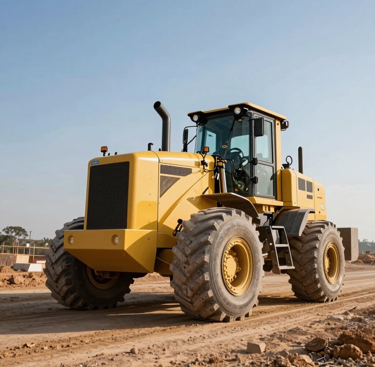 Low-angle heroic shot of a yellow grader earthmover operating on an active South African construction site, harsh midday sun highlighting metallic textures.