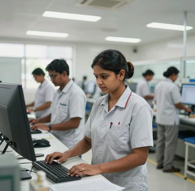 Dignified Indian facility maintenance staff in clean branded uniforms working inside a bright, modern manufacturing facility in West Bengal. Natural light, environmental wide shot.