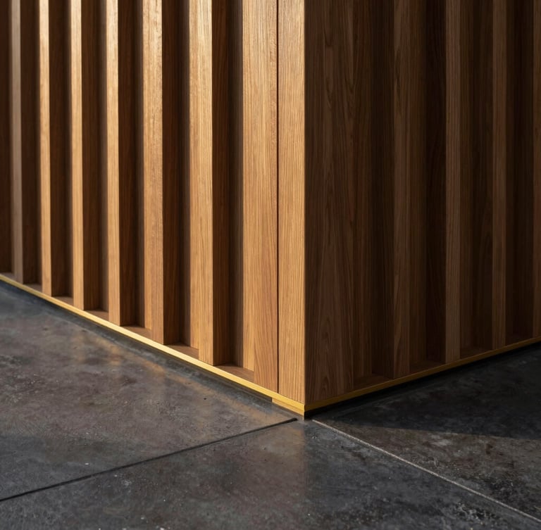 Architectural detail of custom woodwork meeting polished concrete floor, straight geometric lines, soft side lighting