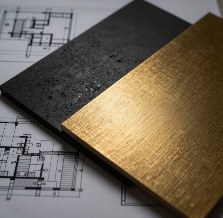 Close-up of architectural blueprints overlapping with a matte black and brushed gold material sample board, dramatic low-key lighting, sharp focus.