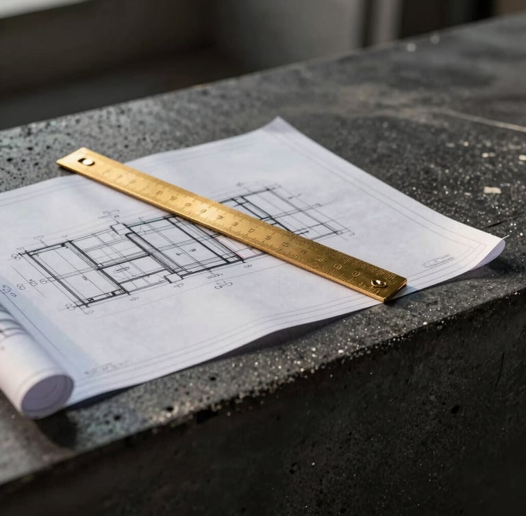 Close-up of a construction blueprint laying on a dark concrete counter, a golden architectural scale ruler resting on top, soft side lighting, 35mm