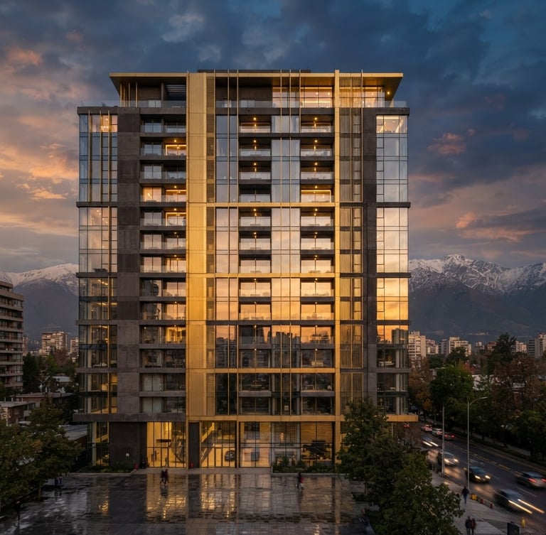 Wide-angle architectural photography of a modern luxury concrete and glass facade in Santiago, dramatic golden hour lighting, sharp focus, 35mm