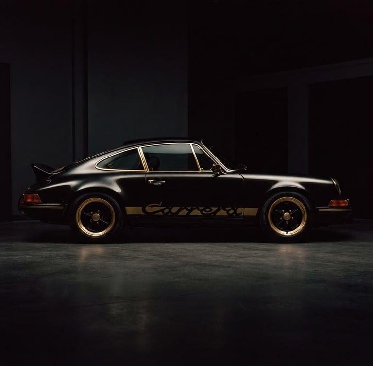 Moody profile shot of a classic black Porsche 911 parked under low-key studio lighting, gold accents reflecting off the metallic paint, deep shadows, premium editorial style.