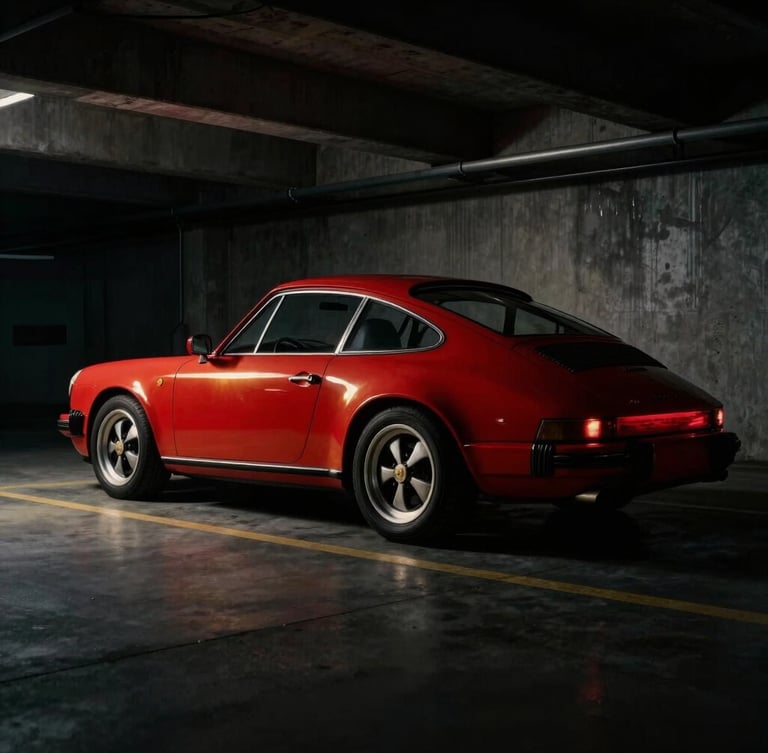 Low-angle heroic profile of a classic Porsche 911 parked in a moody, high-contrast concrete garage, soft gold light catching the rear fender, deep shadows, 35mm cinematic.